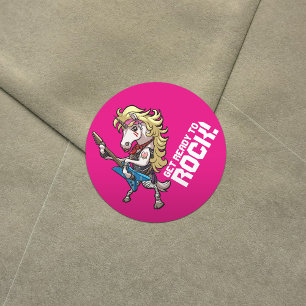 Get Ready To Rock! Hair Metal Glam Unicorn Cartoon Classic Round Sticker