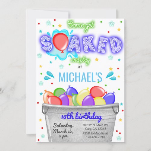 Get soaked water balloons boy birthday invite in invitation