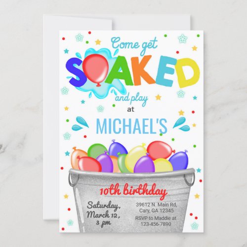Get soaked water balloons boy birthday invite invitation