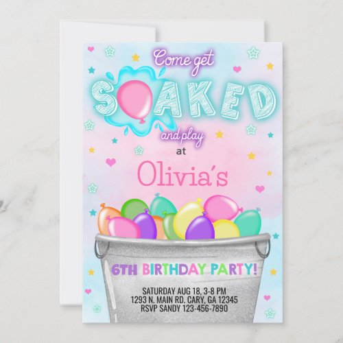 Get soaked water balloons girl birthday invite in invitation