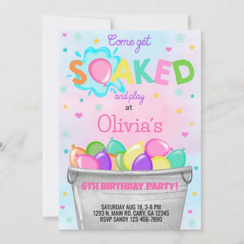 Get soaked water balloons girl birthday invite invitation