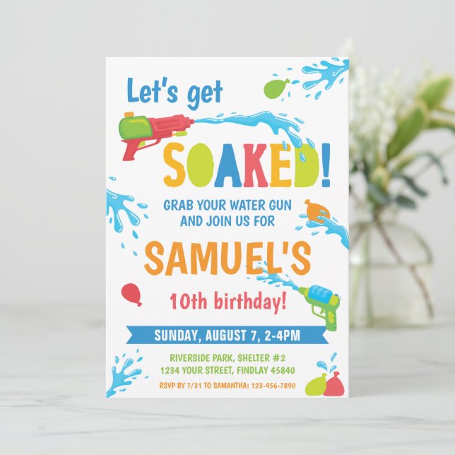 Get Soaked Water War Birthday Party, Any Age Invitation (Standing Front)