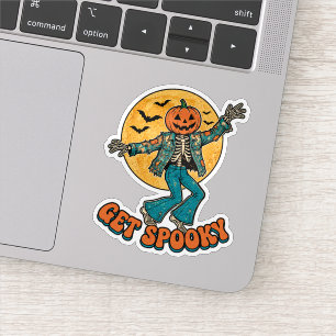 Get Spooky Dancing Pumpkin Head Skeleton Retro Hal Sticker