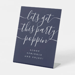 Get This Party Poppin Popcorn Bar Navy Blue  Pedestal Sign