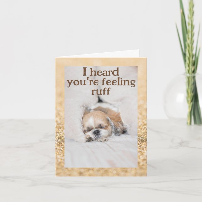 Get well cute dog shihtzu sleeping gold sparkles card (Front)