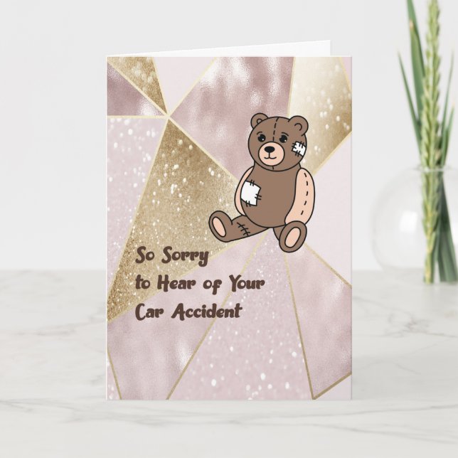 Get Well from Car Accident with Patched Bear Card (Front)