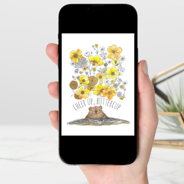 Get Well Groundhog and Flowers Watercolor Card (Front Digital)