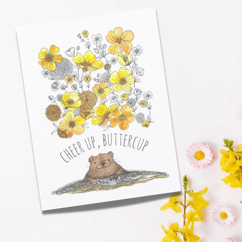Get Well Groundhog Cheer Up Buttercups Watercolor Postcard