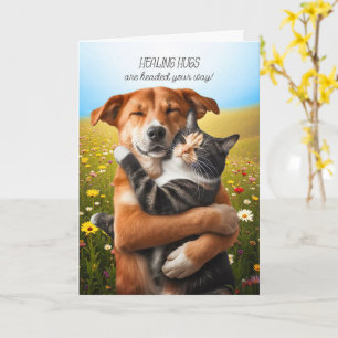 Get Well Healing Hugs Sweet Cat and Dog Hugging Card