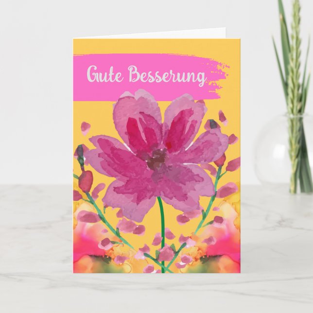 Get Well in German Watercolor Flowers Card (Front)