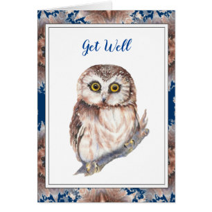 Get Well Love & Hugs Cute Little Owl Bird Cards