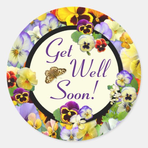 Get Well Pansy Design _ add your text Classic Round Sticker