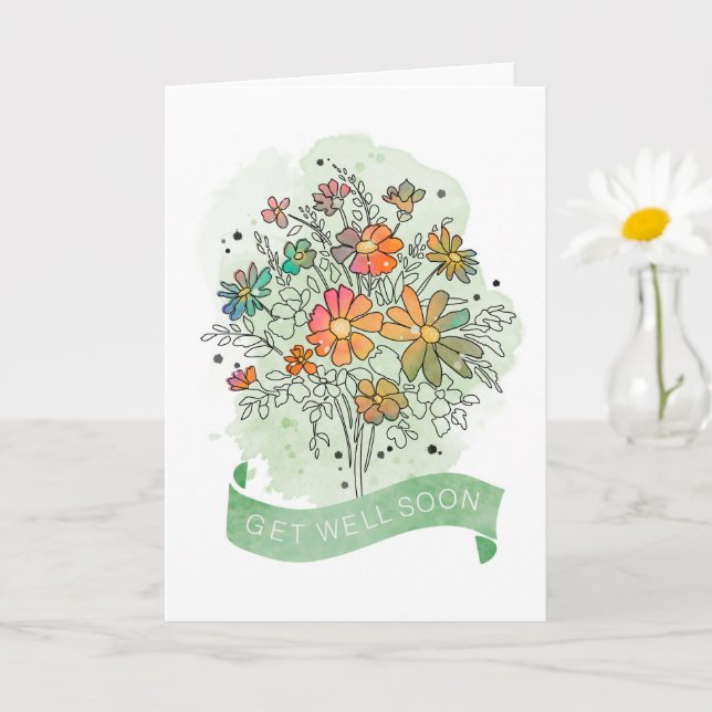 Get Well Sketchy Watercolor Floral Bouquet  Card (Small Plant)