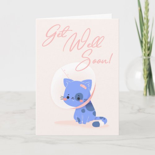 Get Well Soon Blue Cartoon Cat Greeting Card