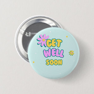 Get well soon bold text with flowers on blue button