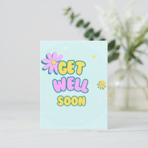 Get well soon bold text with flowers on blue postcard