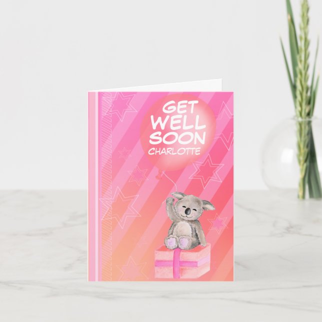 Get well soon boy named Koala Card pink (Front)