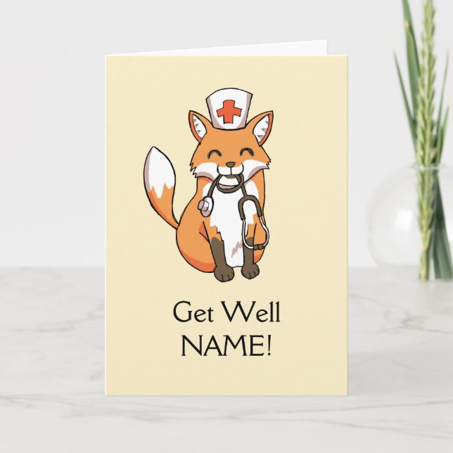 Get Well Soon Card Fox Nurse Personalised Template (Front)