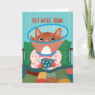Get Well Soon Cat Wearing A Cone Letterpress Thank You Card