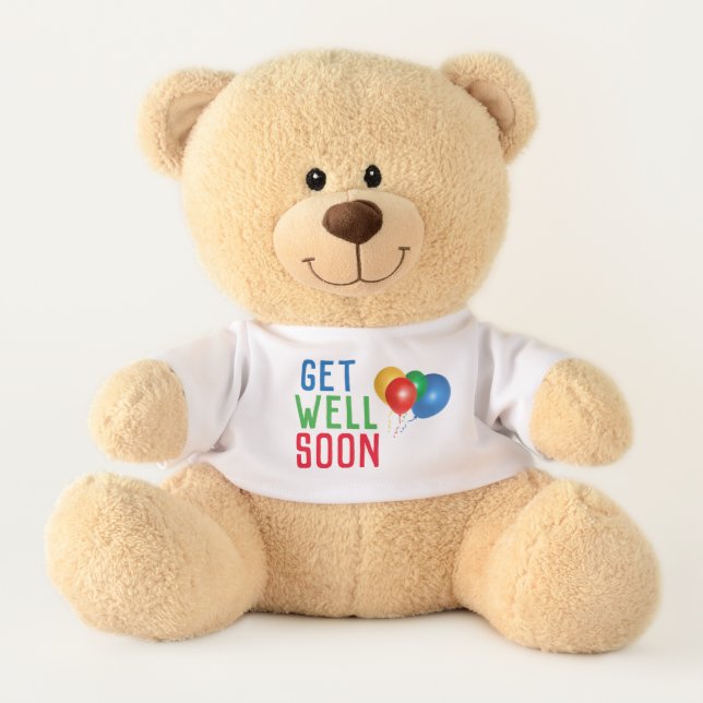 Get Well Soon Cheerful Colorful Balloons Teddy Bear (Front)