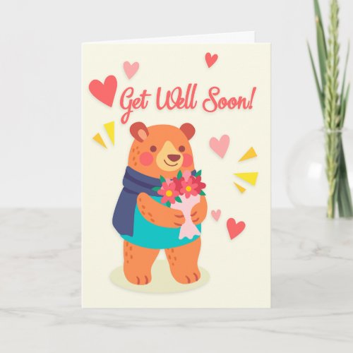 Get Well Soon Cute Bear with Flower Greeting Card