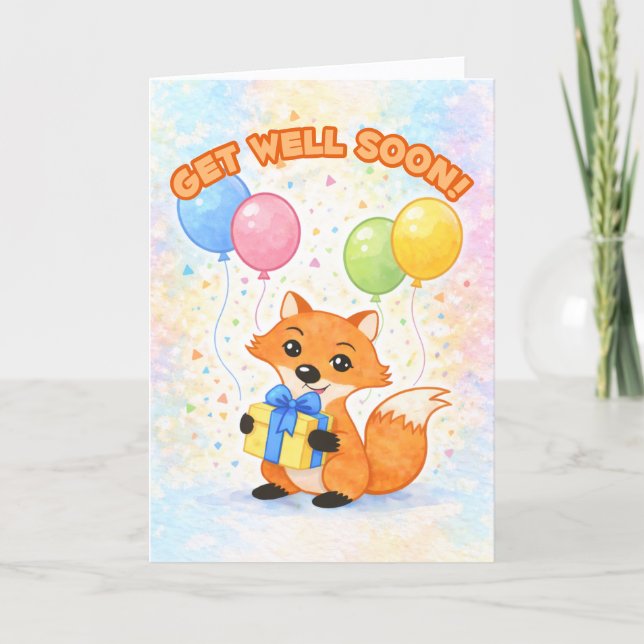 Get Well Soon! Cute fox with balloons and a gift. Card (Front)
