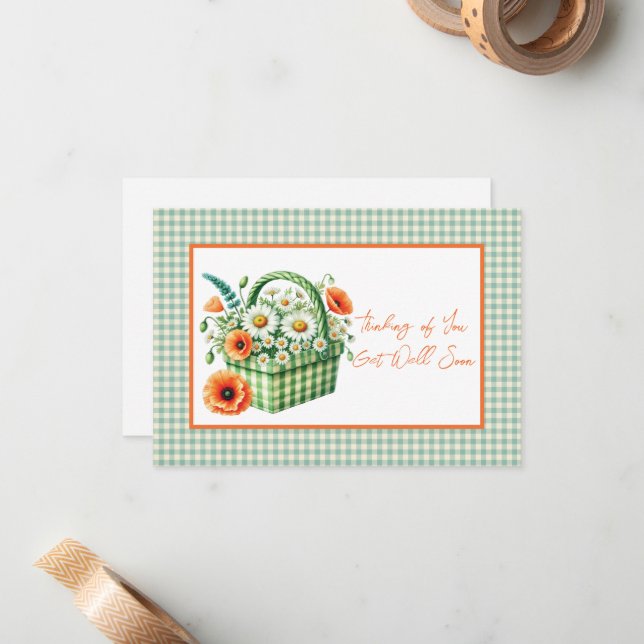  Get Well Soon Flower Basket Green Gingham Note Card (Front/Back In Situ)
