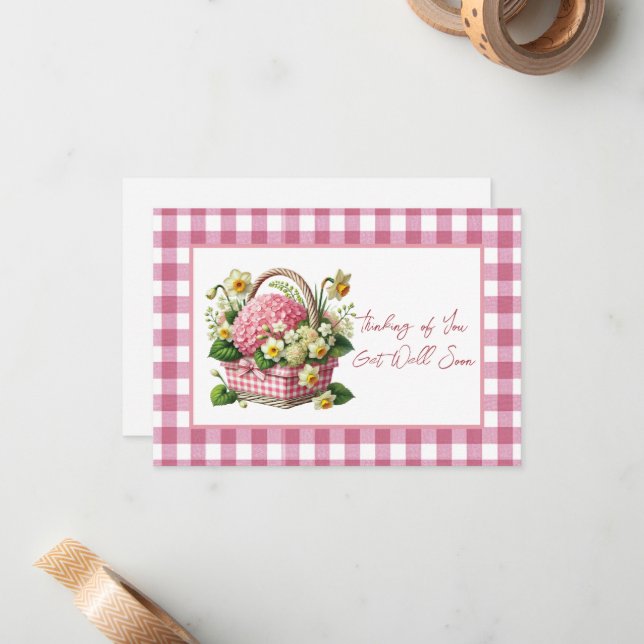  Get Well Soon Flower Basket Pink Gingham Note Card (Front/Back In Situ)