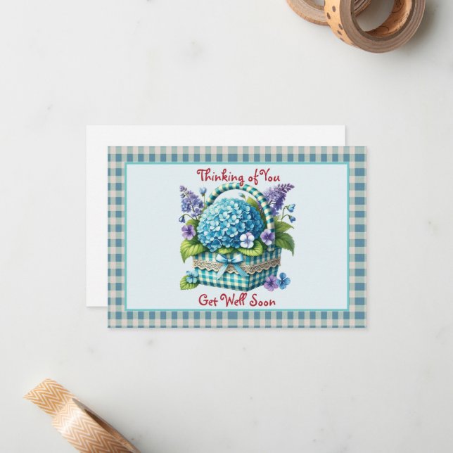  Get Well Soon Flower Basket Turquoise Gingham Note Card (Front/Back In Situ)