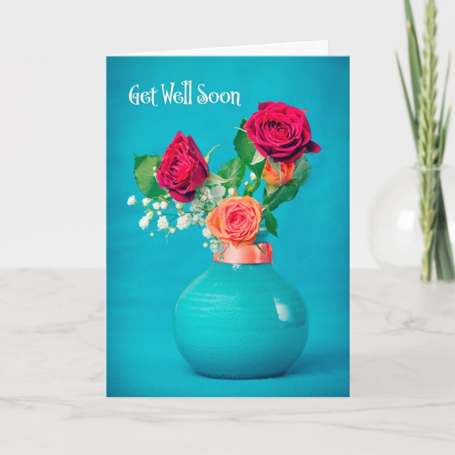 Get Well Soon For Anyone Beautiful Roses on Blue Holiday Card (Front)