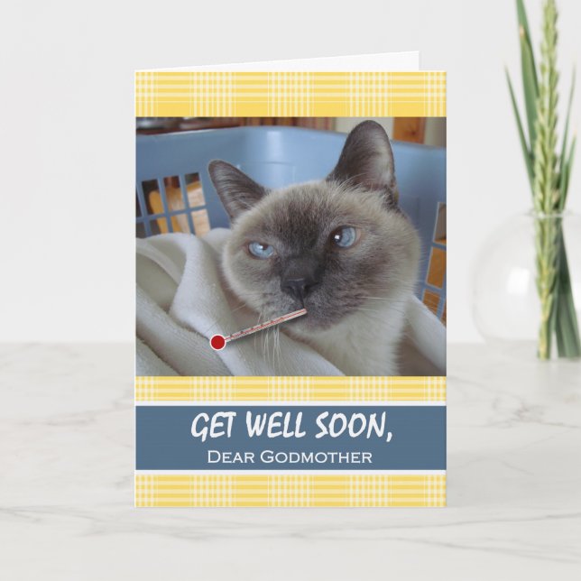 Get Well Soon for Godmother, Sick Cat in Basket Card (Front)