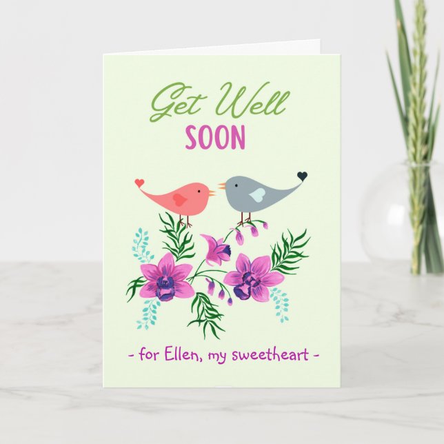 Get Well Soon for Sweetheart Flowers and Birds Card (Front)