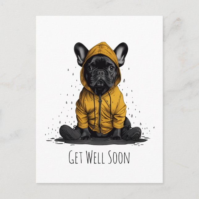Get Well Soon French Bulldog Wearing Raincoat Postcard (Front)