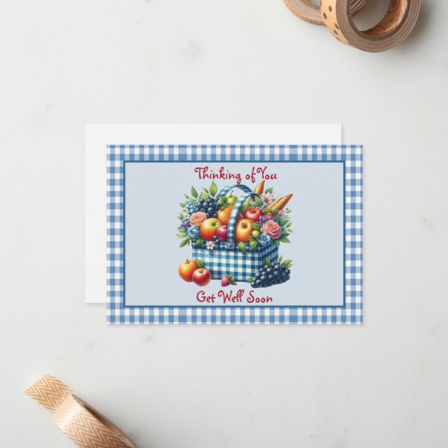  Get Well Soon Fruit Basket Blue Gingham Note Card (Front/Back In Situ)