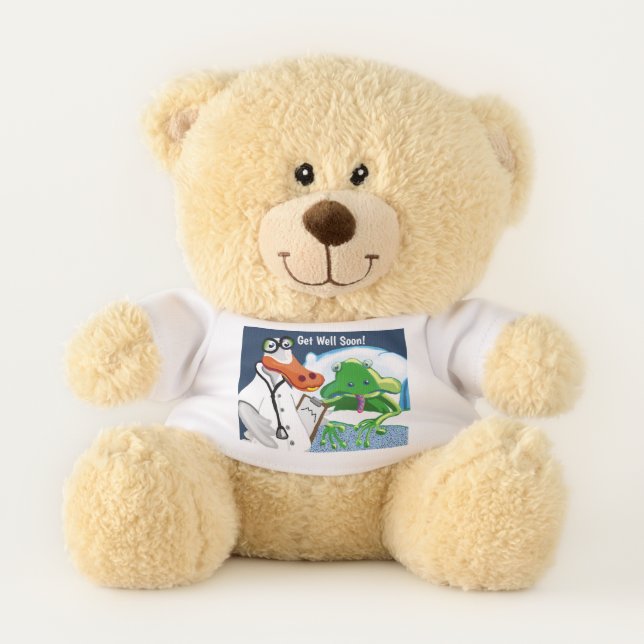 Get well soon funny doctor and sick frog teddy bear (Front)