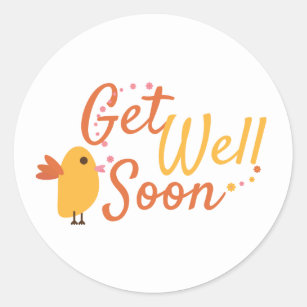 Get Well Soon Greeting with Cute Bird and Flowers Classic Round Sticker