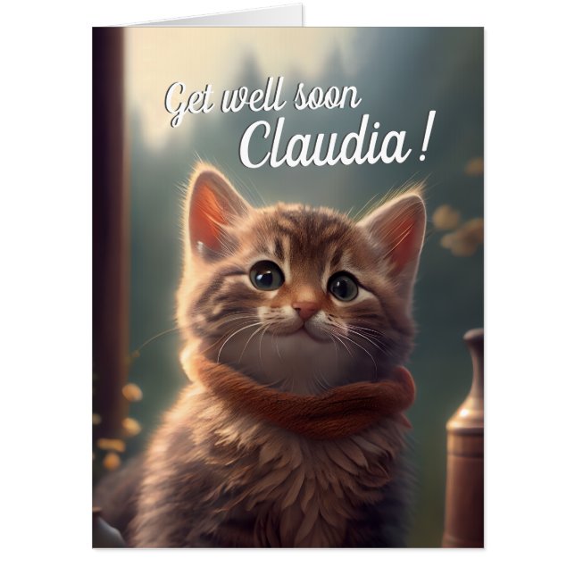 Get Well Soon Kitten With Scarf, customizable Card (Front)