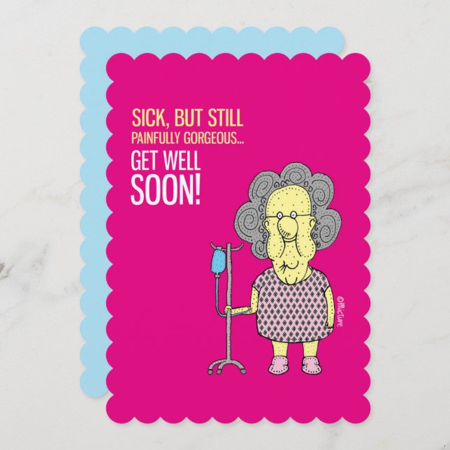 Get well soon - lady cartoon pink card (Front/Back)