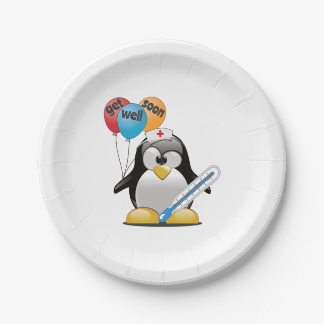 Get well soon. Penguin Nurse. Paper Plates (Front)