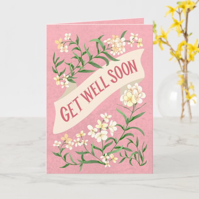 Get Well Soon Pink Soft Pastel Floral Banner Card (Yellow Flower)