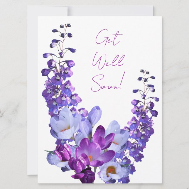 Get well soon pretty purple floral beautiful fun holiday card (Front)