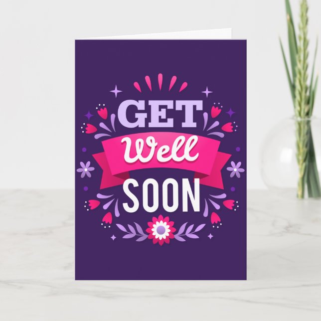 Get Well Soon Purple Typography Greeting Card (Front)