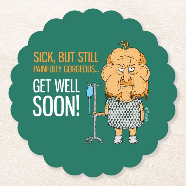 Get well soon - Sick man in hospital gown cartoon Paper Coaster (Front)