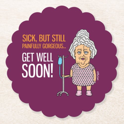 Get well soon _ sick woman in pink hospital gown paper coaster