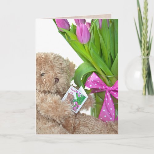 get well soon teddy bear and tulips card