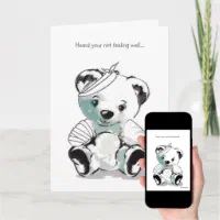 Personalized Poorly Teddy Bear In Bed Get Well Soon Card - Red