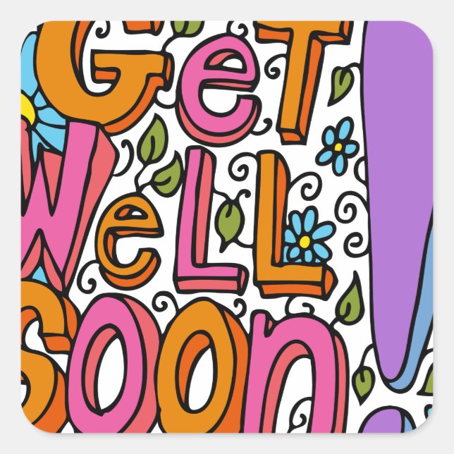 Get Well Soon Text Cartoon Square Sticker (Front)