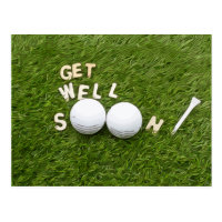 Get well soon to golfer with golf ball and tee postcard