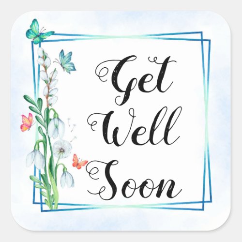 Get well soon watercolor flowers and butterflies square sticker