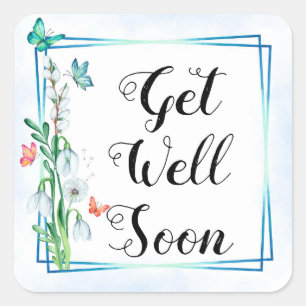 Get well soon, watercolor flowers and butterflies square sticker